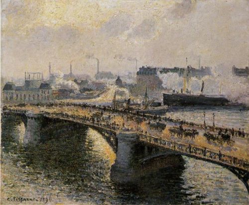 Le Pont Boieldieu à Rouen, soleil couchant, temps brumeux 