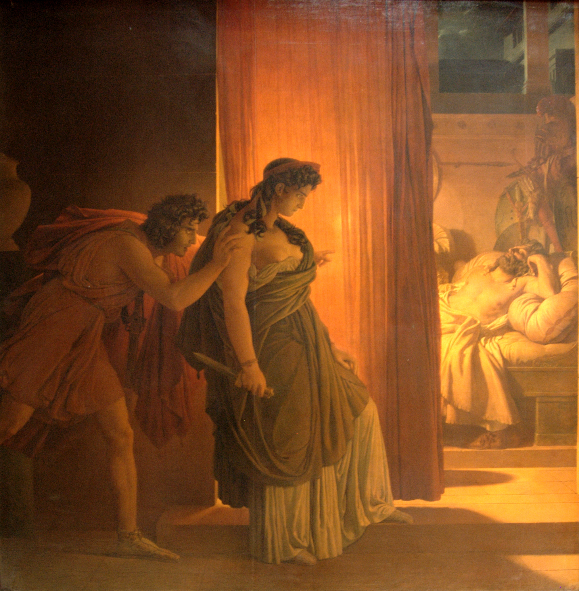 Clytemnestre hésitant avant de frapper Agamemnon endormi