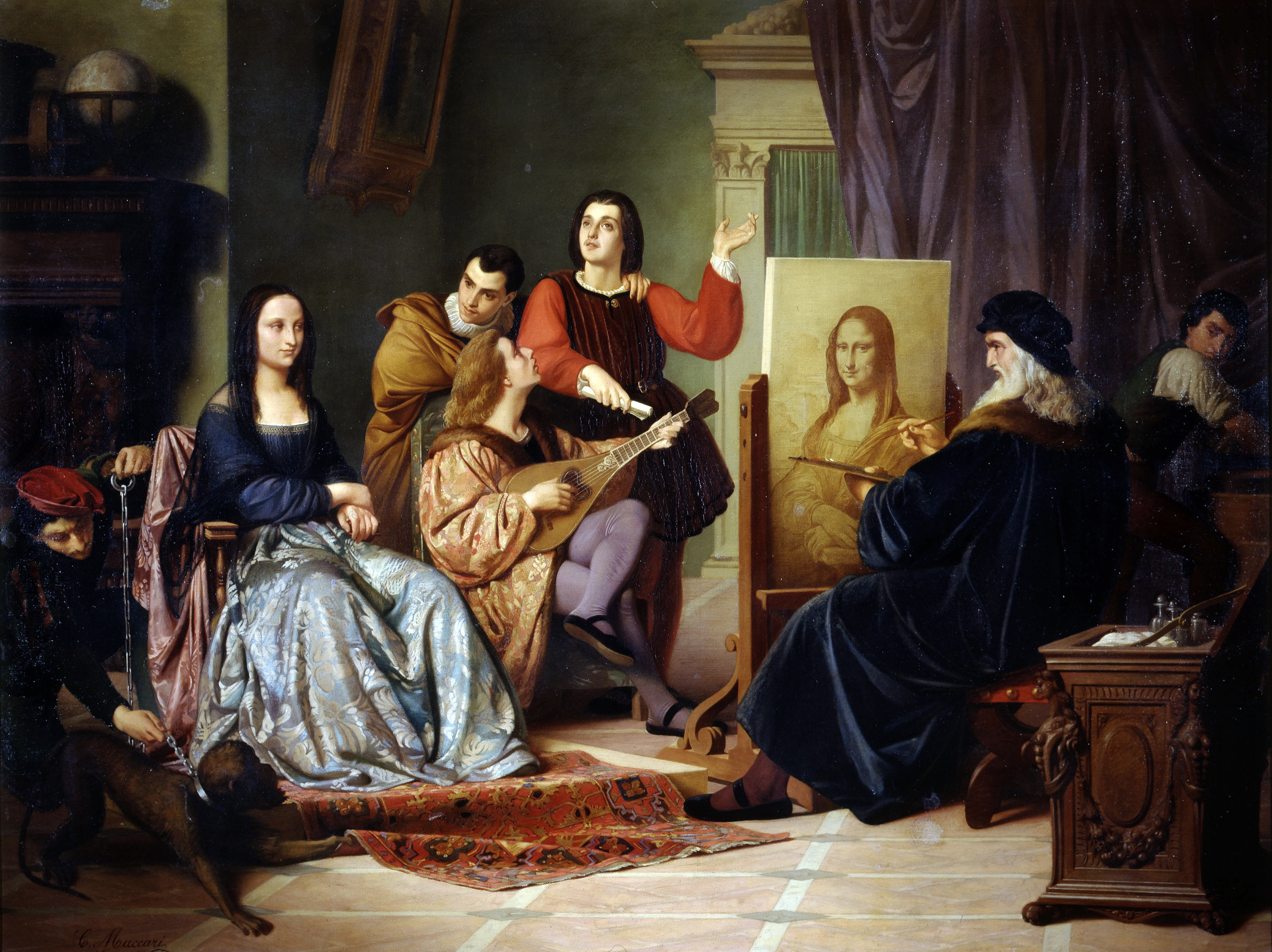 Représentation de Léonard de Vinci peignant La Joconde