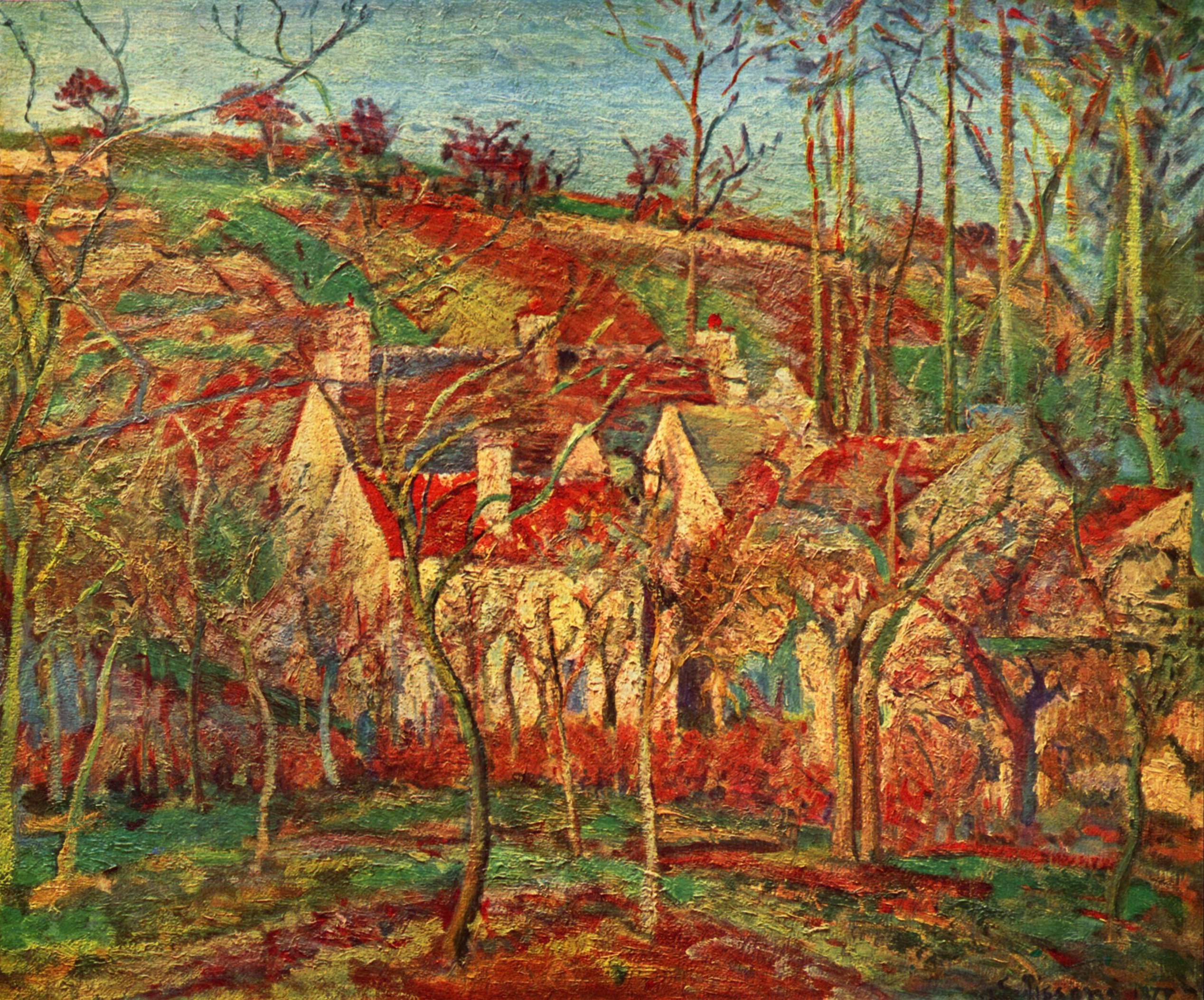 Toits rouges, coin d'un village, hiver